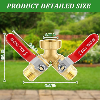 Garden Hose Splitter 2 Way Heavy Duty, Brass Water Hose Splitter with Stainless Steel Long Handle, 3/4 Inch GHT Thread Hose Y Splitter with Shutoff, Faucet Splitter 2 Way with 2 Extra Washers & 1Tape