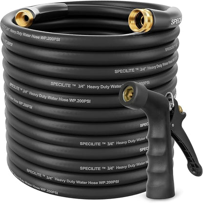 SPECILITE 3/4" Hot/Cold Garden Hose 200 ft with Industrial High Pressure Nozzle, Flexible & Lightweight, 600psi Burst Rubber Water hose -50℉-158℉ With 3/4" Brass Fittings for Yard, Black