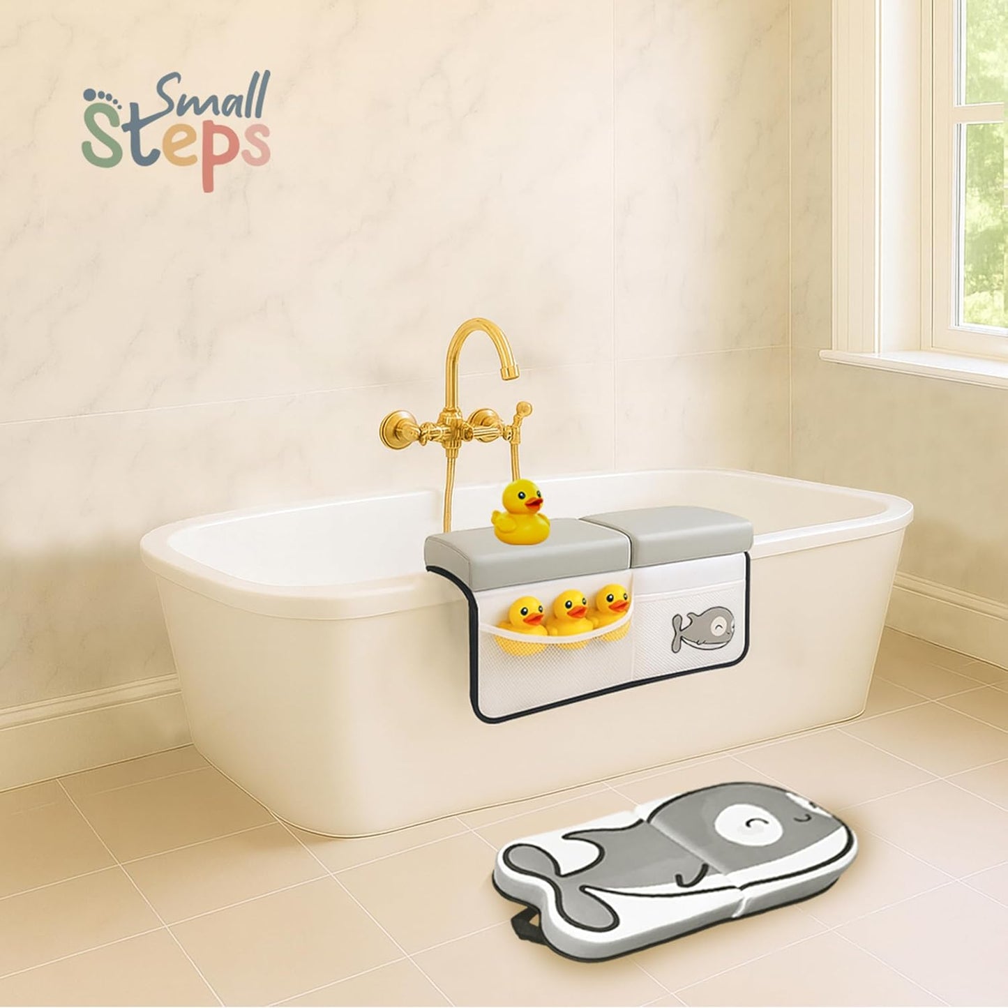Small Steps Bath Kneeler and Elbow Rest Pad Set – Ergonomic Baby Bath Kneeling Pad with Memory Foam and Non-Slip Design – Orca-Themed Comfort with Handy Pockets for Bathing Babies and Kids