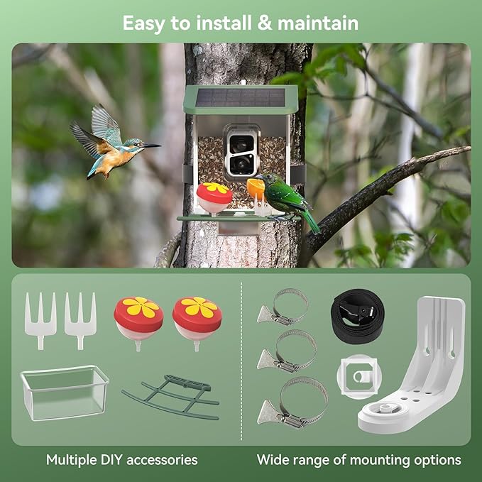 Smart Bird Feeder with Camera, Solar Bird Feeder - 2K HD Live Video Camera AI Identify Birds, Visible Window Auto Capture -Instant Arrival Alerts, Birds Lover Gifts