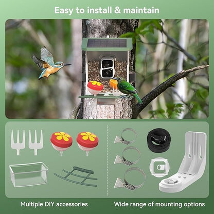 Smart Bird Feeder with Camera, Solar Bird Feeder - 2K HD Live Video Camera AI Identify Birds, Visible Window Auto Capture -Instant Arrival Alerts, Birds Lover Gifts