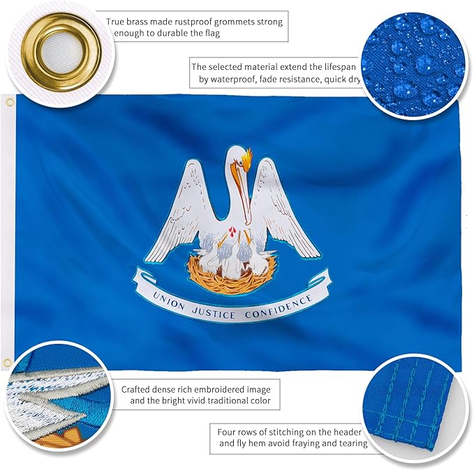 XIFAN Premium Louisiana State Flag 3x5 ft Outdoor, Double Sided Embroidered Pattern, Heavy Duty 210D Nylon LA Flags, the Strongest Longest Lasting for Outside with Sewn Stripes/Brass Grommets