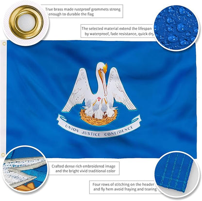 XIFAN Premium Louisiana State Flag 3x5 ft Outdoor, Double Sided Embroidered Pattern, Heavy Duty 210D Nylon LA Flags, the Strongest Longest Lasting for Outside with Sewn Stripes/Brass Grommets