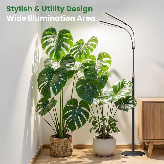 Black Floor Grow Lights for Indoor Plants, 2-Heads Full Spectrum LED Plant Grow Light with 4/8/12/16H Timer, 3 Color Modes, 24-68.7in Hight Adjustable Grow Lamp for Tall Large Indoor Plants