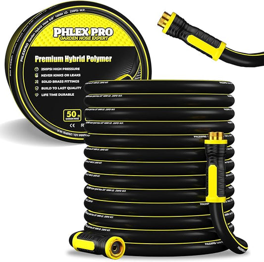 Garden Hose 50FT - PHLEX PRO Heavy-Duty Premium 5/8'' Rubber 3-Layer Water Hose - Innovation Flexible Hybrid Lightweight Water Hose, Full Brass Male to Female Fittings (RyobiGreen)