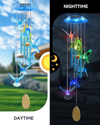 Hummingbird Solar Wind Chimes, Memorial Gifts for Mom, Glowing Top Color Changing Hummingbirds Moblie LED Wind Chime for Outside, Outdoor Home Party Garden Decor Light(Blue)