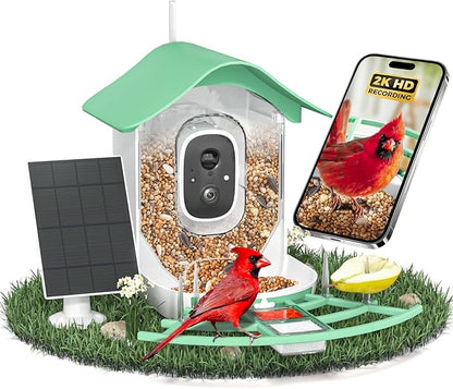Smart Bird Feeder with Camera, 2K HD AI Identify Birds Species, Bir d Watching Camera with Solar Panel, Instant Notifications, Ideal Present for Bir d Lover, Grass Green