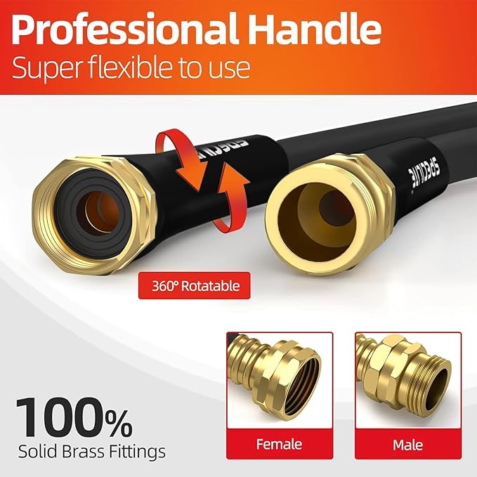 SPECILITE Garden Water Hose 150 ft x 5/8 in Heavy Duty, Flexible and Lightweight, Burst 600 psi, Kink-less Hybrid Rubber Pipe for Backyard, 3/4'' Brass Fittings, Black