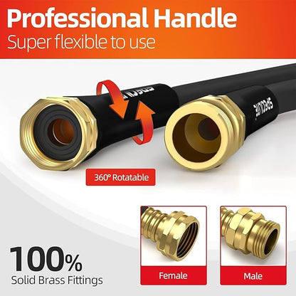 SPECILITE Garden Water Hose 25 ft x 5/8 in Heavy Duty, Flexible and Lightweight, Burst 600 psi, Kink-less Hybrid Rubber Pipe for Backyard, 3/4'' Brass Fittings, Black