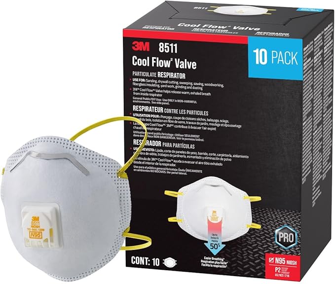 3M N95 Respirator 8511, 10 Pack, NIOSH-APPROVED N95, Features 3M COOL FLOW Exhalation Valve, Relief From Dusts & Certain Particles During Sanding, Pollen, Mold Spores, Dust Particles (8511DB1-A-PS)