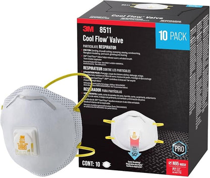 3M N95 Respirator 8511, 10 Pack, NIOSH-APPROVED N95, Features 3M COOL FLOW Exhalation Valve, Relief From Dusts & Certain Particles During Sanding, Pollen, Mold Spores, Dust Particles (8511DB1-A-PS)