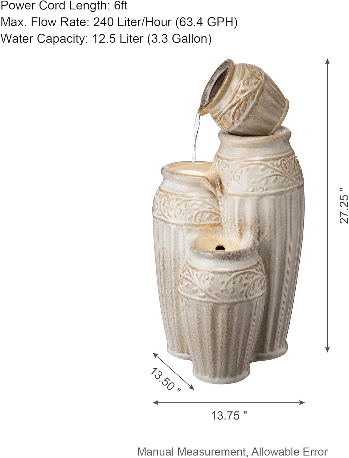 Glitzhome 27.25" H Outdoor Garden Water Fountain with LED Lights and Pump, 4 Tier Sand Beige Embossed Pattern Ceramic Pots Cascading Floor Standing Fountain for Porch Deck Patio Backyard Decoration