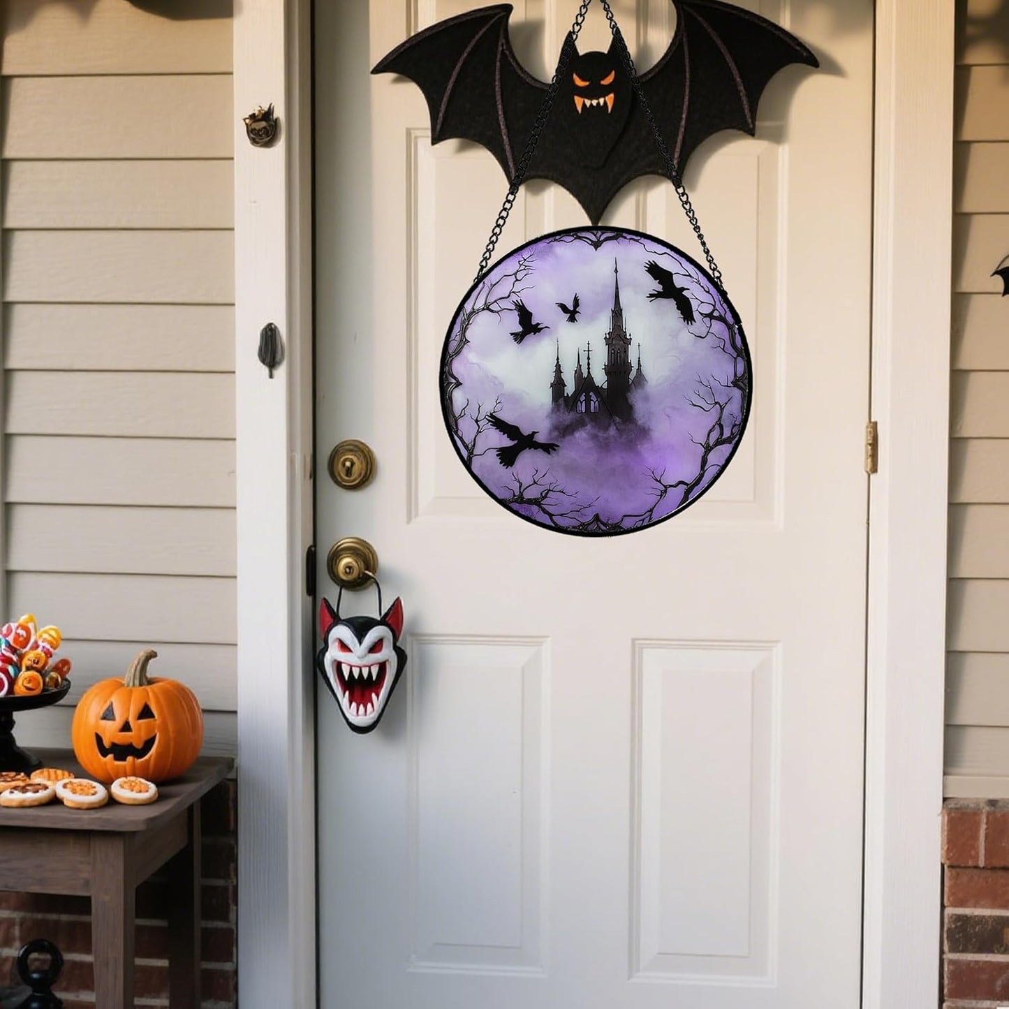Stained Glass Window Hanging - Halloween Gothic Castle Purple Smoke Suncatcher for Doors Garden Home Spooky Crow Sun Catchers Gothic Decor Horror Gift for Women Men Friend Boy Girl 7.8 in