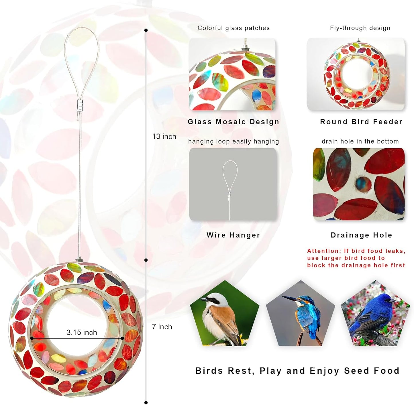 Mosaic Bird Feeder, Outside Hanging with Round Shape Glass BirdFeeders to Attract More Wild Birds, Mosaic Fly Through for Garden, Yard, Backyard, Deck and Porch Decor, Red 7-Inch