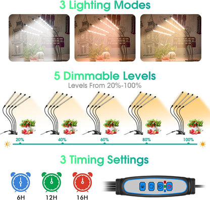 Wolezek Grow Lights for Indoor Plants, 80 LED 4 Heads Full Spectrum Grow Light with Clip, Plant Light with 5000K 3000K 660nm LED Chips, Auto Timer 6 12 16 Hrs, Grow Lamp for Seed Starting