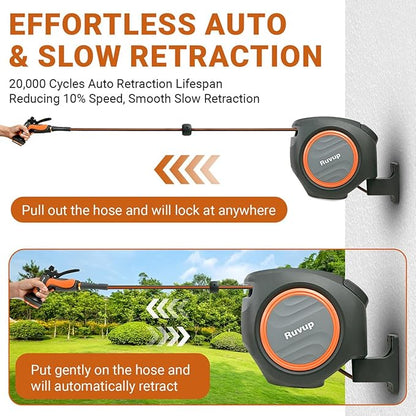 Ruvup Retractable Garden Hose Reel, 5/8in x 100ft Water Hose Reel with Metal Bracket, UV Resistant Automatic Hose Reel Wall Mount for Outside, Slow Retraction Any Length Lock 10 Spray Nozzle