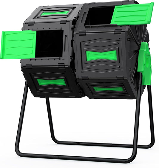 Compost Bin Outdoor, 45Gallon Dual Chamber Composter Large Composting Bin, 360° Rotating Compost Bin, BPA-Free Fast-Working Tumbling Compost Barrel, Kitchen Garden Composter Tumbler (Green)