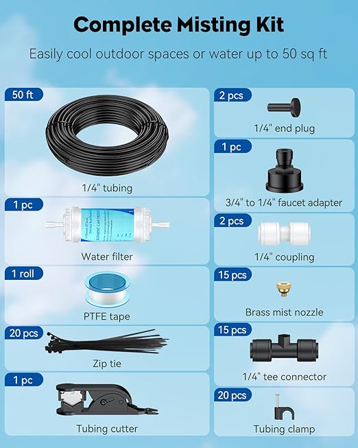 Pawfly Misters for Outside Patio, 50 ft Outdoor Misting Cooling System with 15 Brass Mist Nozzles Water Accessories, Water Misting System for Garden Backyard Greenhouse Trampoline Pool