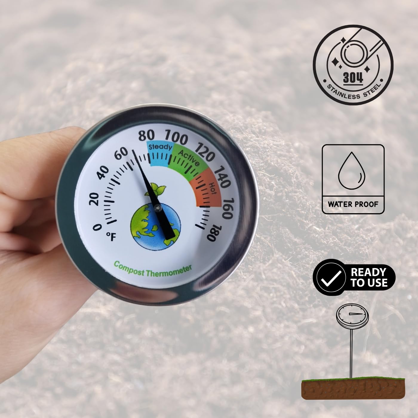 20 Inch Compost Soil Thermometer 0-180° Fahrenheit Backyard Stainless Steel Stem for Composting Bins Outdoor Gardening Planting Easy-to-Read 2.1” Dial Display