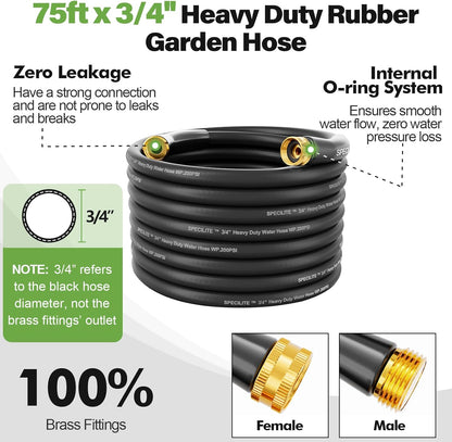 SPECILITE 3/4" Garden Hose 75 ft with High Flow Nozzle, Heavy Duty Flexible Hybrid Rubber Water Hose for Outdoor, Lightweight, Leak-Proof, No-Kink, 3/4"Brass Fittings,Black
