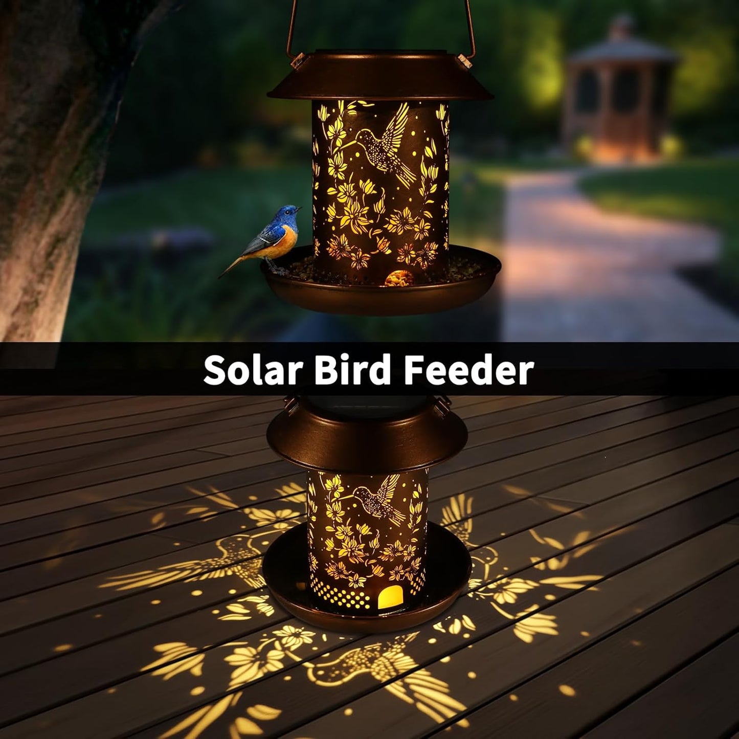 Hummingbird Solar Bird Feeder for Outdoors Solar Lanterns Metal Waterproof Outside Wild Bird Feeders Birthday Gifts for Women Mom Grandma Outdoor Hanging Garden Decor Lights for Yard, Patio
