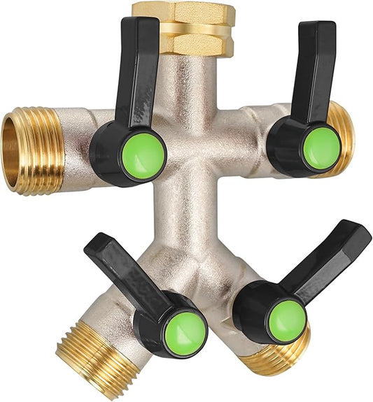 4 Way Hose Splitter, Brass High Flow Garden Hose Splitter Heavy Duty, Hose Connector, Water Spigot Splitter, Full Flow Faucet Splitter with shutoff, 3/4” GHT Inlet