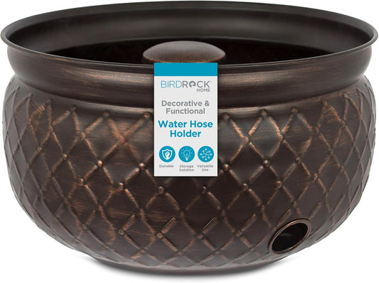 BIRDROCK HOME Water Hose Holder - Decorative Metal Pot, Indoor or Outdoor, Garden Storage Organizer, Patio Portable Bucket - Embossed Steel w/Copper Accents, Holds up to 100ft Hoses, Medium No Lid