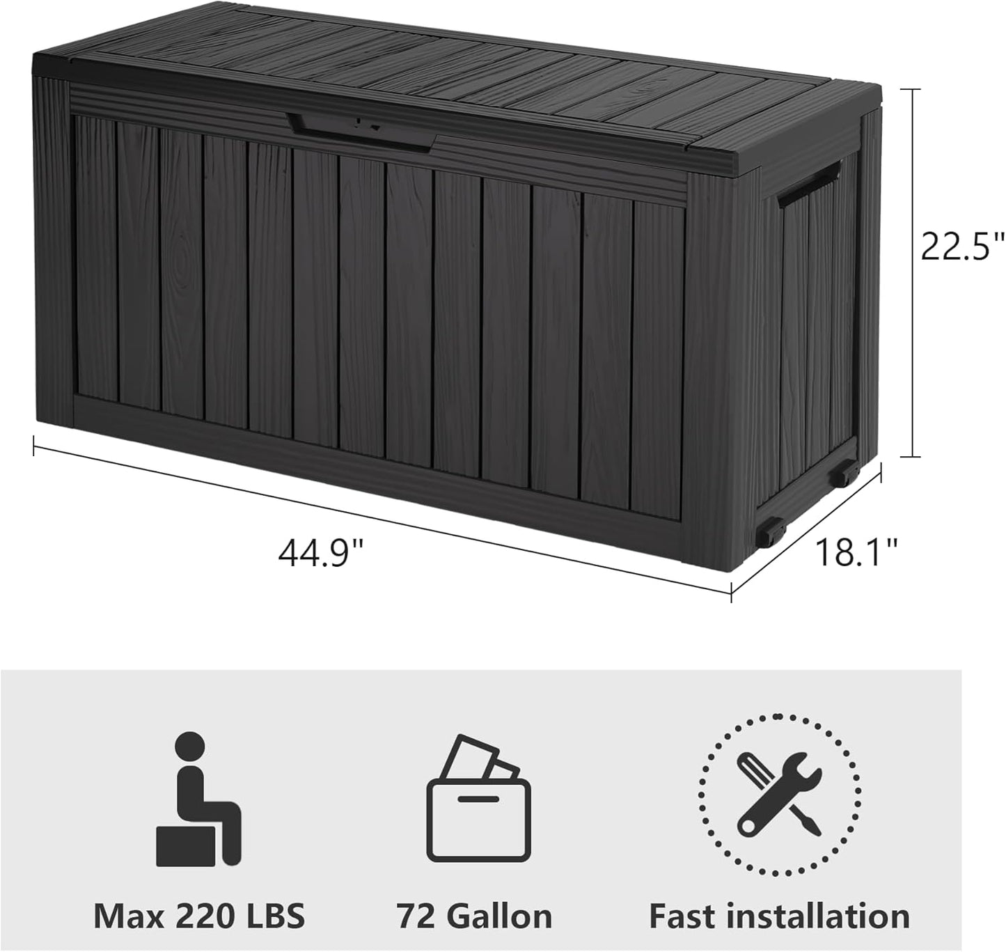 Outdoor Storage Box, Resin Deck Boxes Indoor and outdoor, Waterproof Storage Box Lockable Lid (Black, 73 Gallon)
