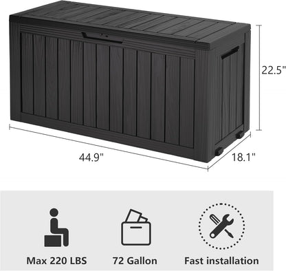 Outdoor Storage Box, Resin Deck Boxes Indoor and outdoor, Waterproof Storage Box Lockable Lid (Black, 73 Gallon)