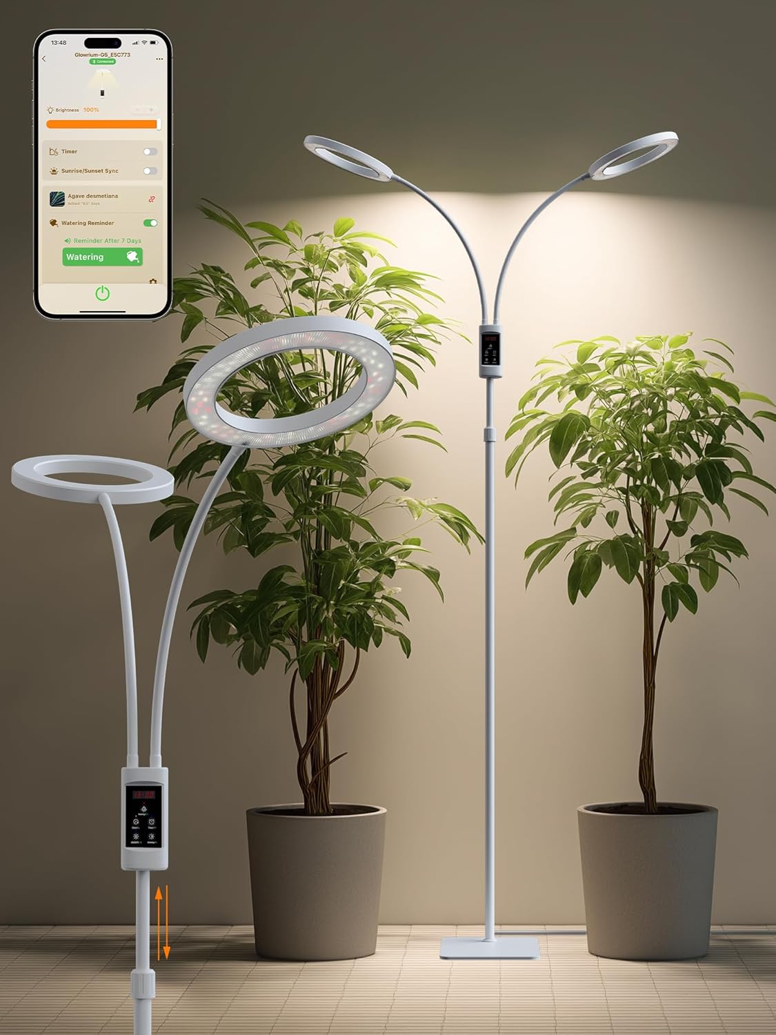 Smart Grow Lights for Indoor Plants,48W 2-Head Plant Light with Auto-Timer, Full Spectrum LED Grow Light, Adjustable Height & Stepless Dimming,Plant Assistant Suitable for Most Plants (White, 48W)