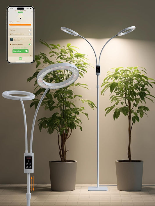 Smart Grow Lights for Indoor Plants,48W 2-Head Plant Light with Auto-Timer, Full Spectrum LED Grow Light, Adjustable Height & Stepless Dimming,Plant Assistant Suitable for Most Plants (White, 48W)