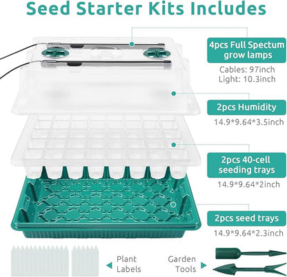 Seedfactor 2 Packs Seed Starter Tray with Grow Light, 40-Cell Seedling Starter Trays Kit with Automatic Timer, Adjustable Light, Full Spectrum, Humidity Dome, Seedling Tray for Plants Indoor-Clear
