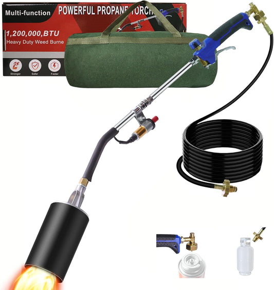 Propane Torch Weed Burner Kit, Weed Torch with 1lb Propane Cylinder Converter, Output 1,200,000 BTU,10FT Hose, Heavy Duty Blow Torch with Self Igniter,Flame Thrower for Weeds, Garden,Snow Melting
