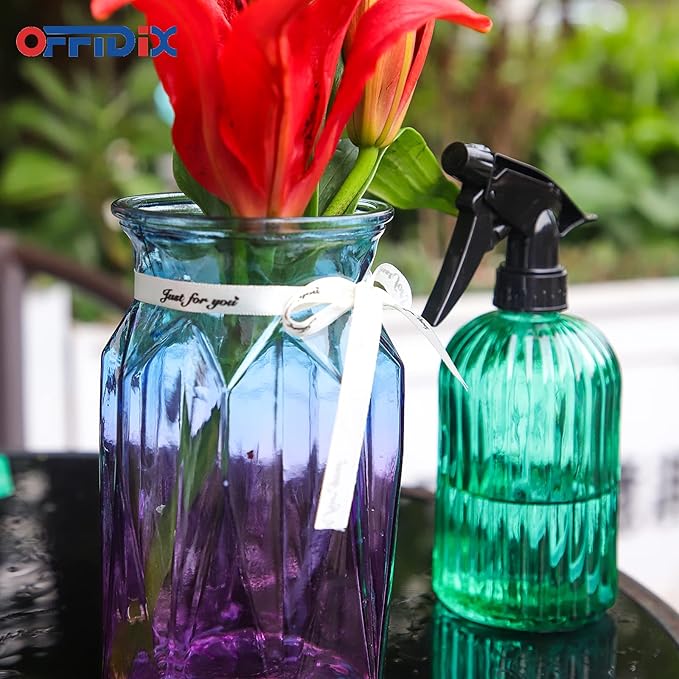 OFFIDIX Glass Spray Bottle, Fine Mist Plant Mister Handheld Pressure Spray Bottles,0.4L/13.5oz Watering Can with Adjustable Nozzle for Outdoor Indoor Gardening and Cleaning Work (Green)