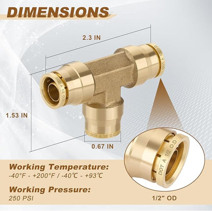 1/2" Quick Push to Connect Fittings Brass Union Tee Shaped Joint DOT Approved 1/2 Inch OD 3 Way Tube Air Line Adapter Air Spring Suspension Kit for Car Truck Trailers and Air Brake System 2pcs