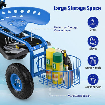 Goplus Rolling Garden Cart with Seat, Outdoor Garden Stool with Wheels, Tool Tray & Basket, Adjustable Steering Handle, 360 Degree Swivel Seat for Planting, Gardening Scooter for Lawn, Yard, Patio