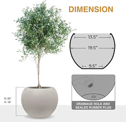 16" H x 20" D Globo Fiberstone Round Planter with Drainage Hole, Weather Resistant, Smooth Finish, Planters for Indoor Plants & Outdoor, 2 Extra Coco Mats (Taupe, 13.5" Pot Opening)