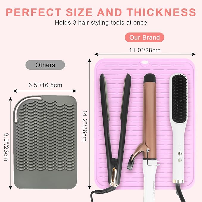 AMIJEAL Oversize Silicone Heat Resistant Mat for Hair Tools, Curling Iron Mat, Hot Tools Holder, Portable Flat Iron Hair Straightener Pad Cover for Travel Vanity Salon(14.2" x 11.0")