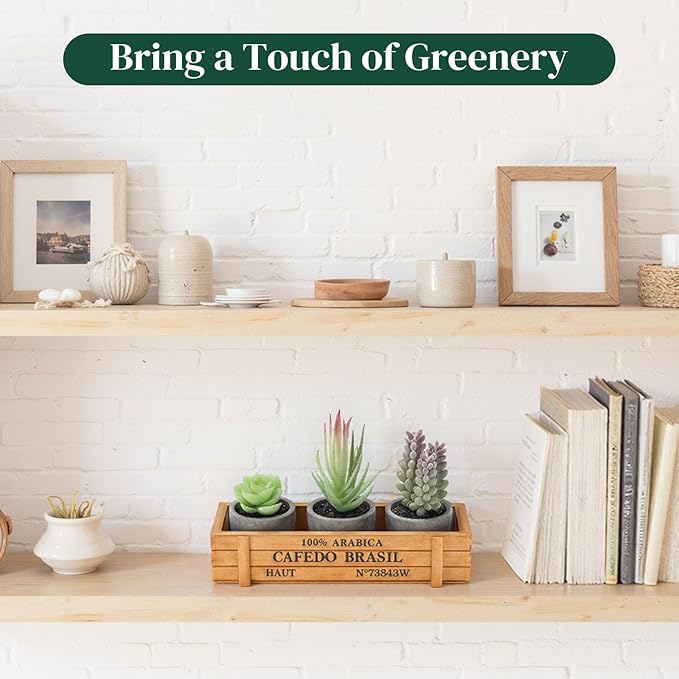 DomeStar 3PCS Small Fake Plants, Artificial Succulents Plants with Wooden Box for Home Bathroom Kitchen Office Farmhouse Decor Green
