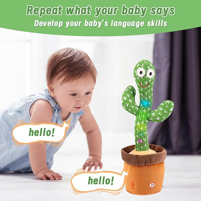 Dancing Talking Cactus Baby Toys 6-12 Months, Singing Cactus Baby Toy Mimicking Toy, Repeats What You Say, Interactive Light Up Toddler Infant Toys Gifts, Sing+Dancing+15S Recording+LED