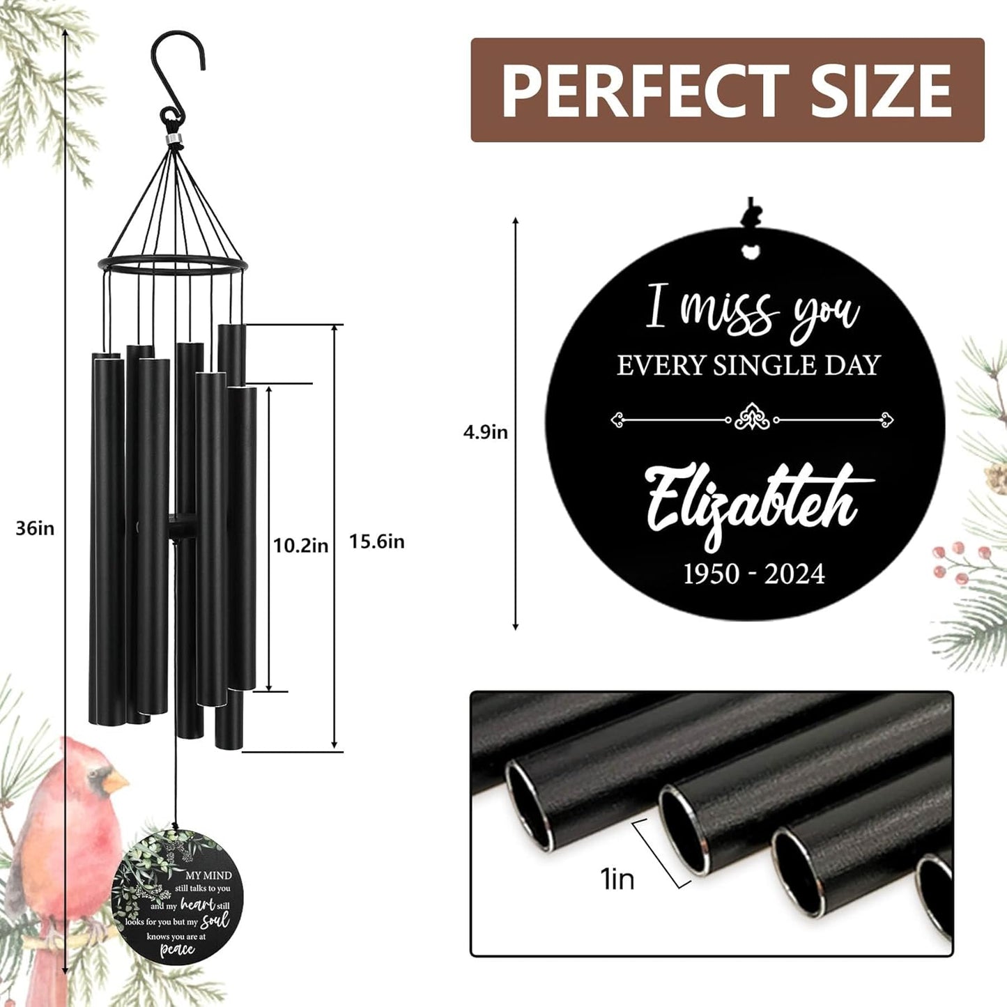 Personalized 36" Healing Memorial Wind Chimes for Outside, Bereavement Gift of Comfort for Loss of Mother, Father or Husband, A Soothing Remembrance for Your Garden and Patio