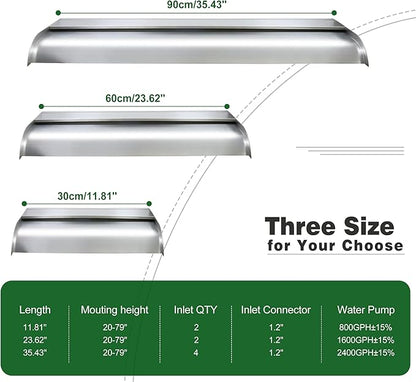 Waterfall Spillway, Stainless Steel Pool Fountain w/Top Open Lip & Pipe Connector Kits for Outdoor/Indoor Decorative, 35.4'' Pool Water Feature for Garden Patio, Backyard Koi Pond Decor