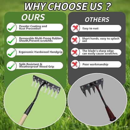 Upgraded Weed Puller Tool, Rust-Proof Manual Weed rake (cultivates Soil with Wooden Handle), 8-Tine Manganese Steel Iron rake for Gardening/Weeding, Gardinia uprooting Tool