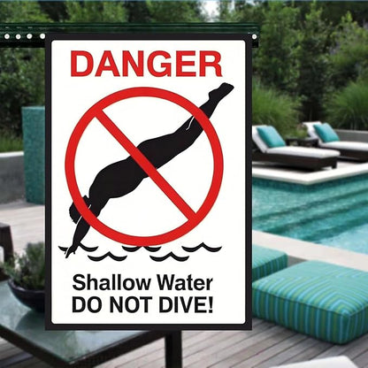 Shallow Water Do Not Dive No Diving Allowed Tinplate Pool Sign - Splash-Proof Outdoor Metal Decor for Backyard Safety & Pool Rules