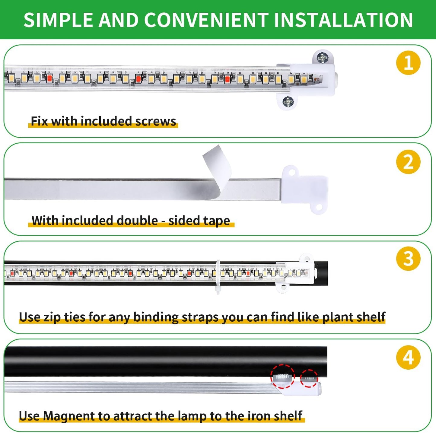 16‘’ LED Grow Light Strips for Indoor Plants，Full Spectrum 120 LEDs with 4 Install Methods, 6/12/16H Timer, 10 Dimmable Levels, 3 Switch Modes for Seedling Succulent Sunlike Strip (2 Head 1 Pack)