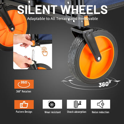 EchoSmile Collapsible Foldable Wagon Cart with 350lbs Weight Capacity, Heavy Duty Folding Utility Sport Wagon with Removeble Wheels for Camping,Grocery,Garden,Beach,Blue&Orange