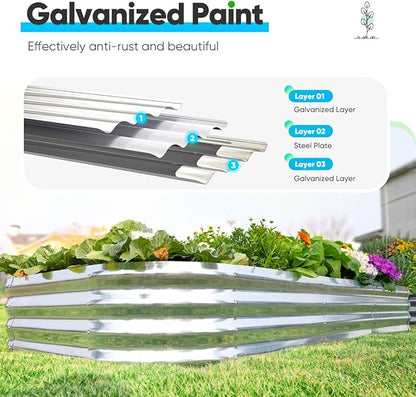 Quictent Galvanized Raised Garden Bed Kit, 6x3x1ft Oval Large Metal Outdoor Planting Box, Ground Planter Strengthened by Crossbar, Silver