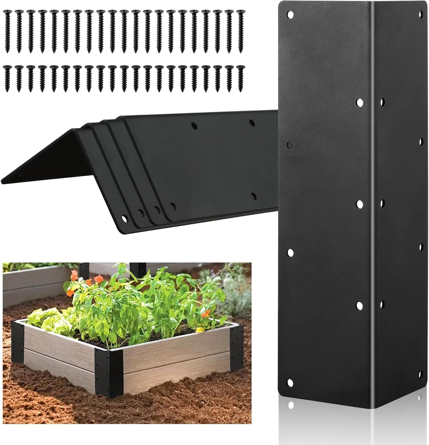 4 Packs Planter Raised Beds Corner Brackets 11 in Metal L Brackets for with Screws Black Angle Corner Bracket Connectors for Plants 11" x 3" x 3" for Wood Flower Box Angle Brace Black