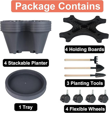 Vertical Planter 4 Tier Stackable Planters Garden Planters Strawberry Herb Flower and Vegetable Planter Indoor Outdoor Gardening Pots with Removable Wheels and Tools