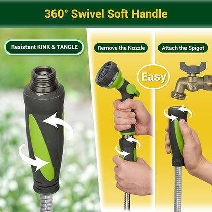 Garden Hose - Water Hose 50 FT with Swivel Handle, Flexible, Heavy Duty, No Kink, Lightweight Metal Hose for Outdoor, Yard, 304 Stainless Steel